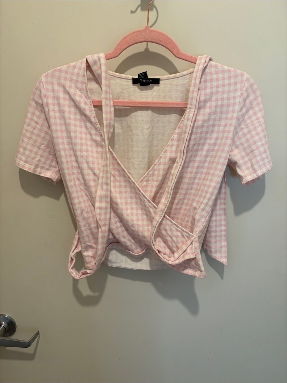 Light Pink Gingham Wrap Crop Top